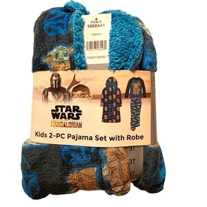 Star Wars Mandalorian Kids 3 Pc Fleece Pajama And Robe Set 3T Teal Black Tan NEW